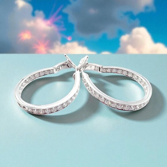 Authentic! Van Cleef & Arpels 18k White Gold Diamond Large Hoop Earrings - Picture 2 of 16